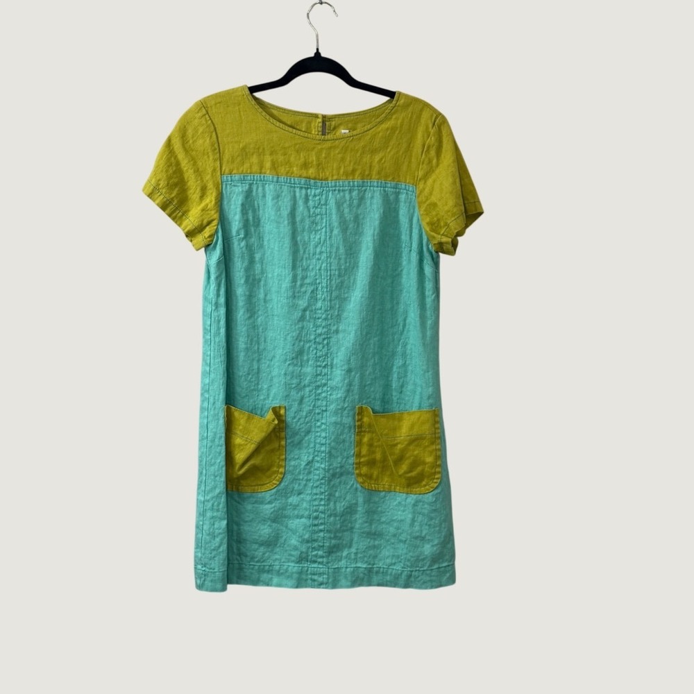 Uncle Frank 100%  Linen Colorblock Dress Turquoise Green S Boho Artsy Lagenlook